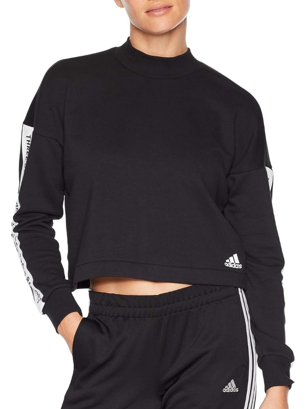 adidas Black Cropped Crew Sweatshirt with White Sleeve Tape